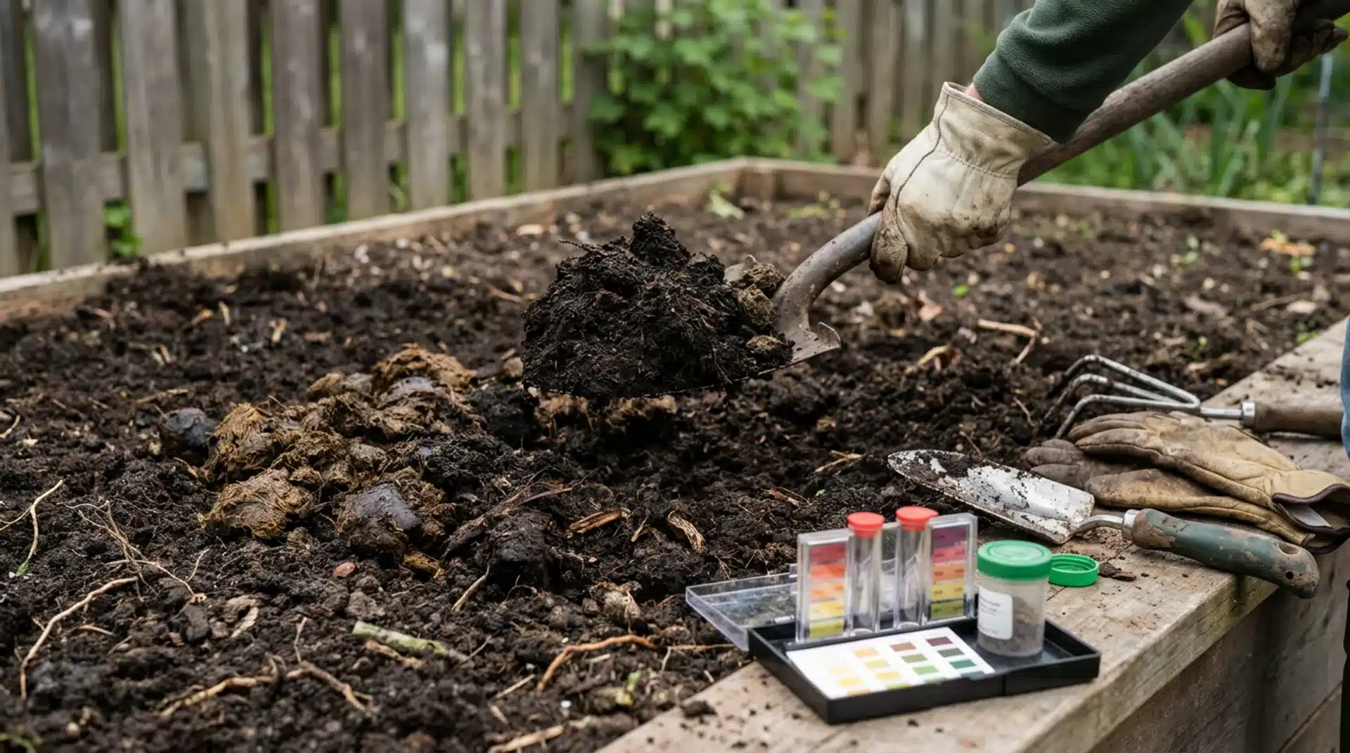 Gloved hands turning dark soil in a raised bed with a pH soil test kit laid out for vegetable garden prep.