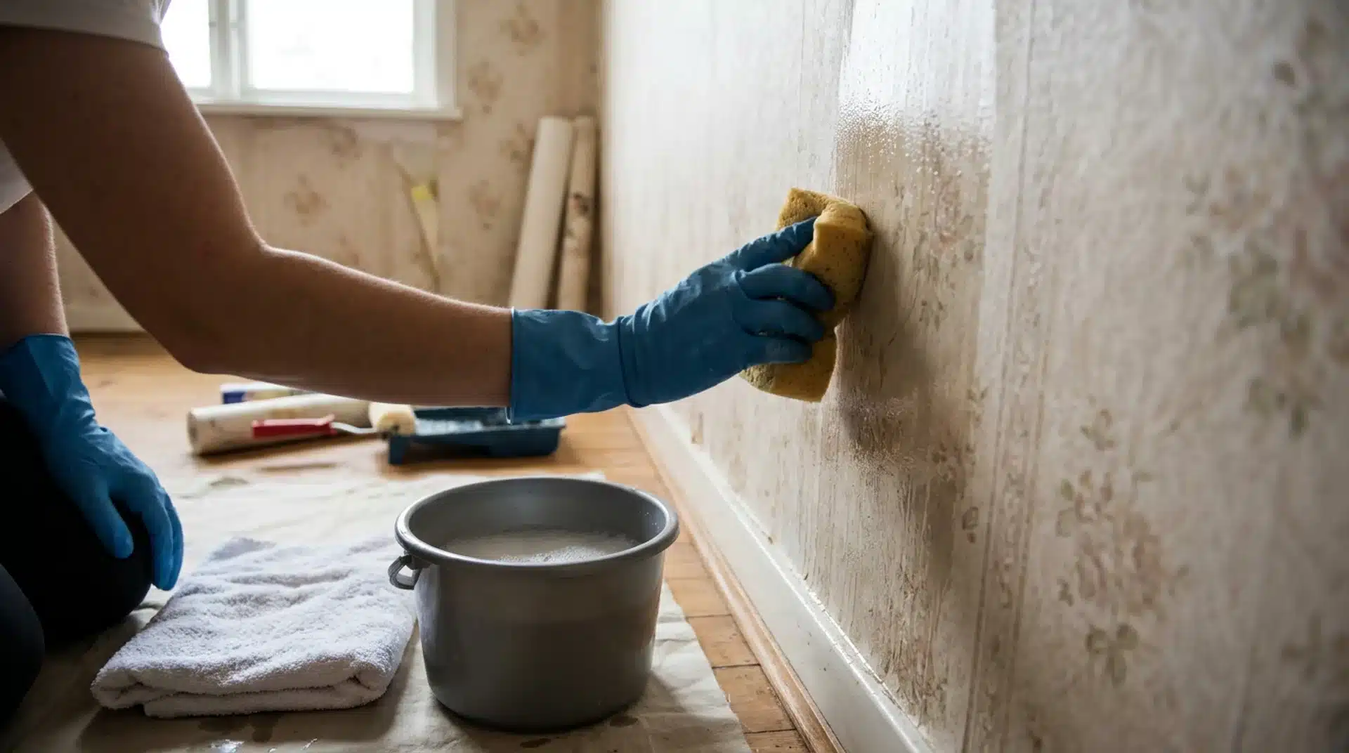 Blue-gloved hand scrubbing wallpaper surface with a sponge and bucket before painting over wallpaper.