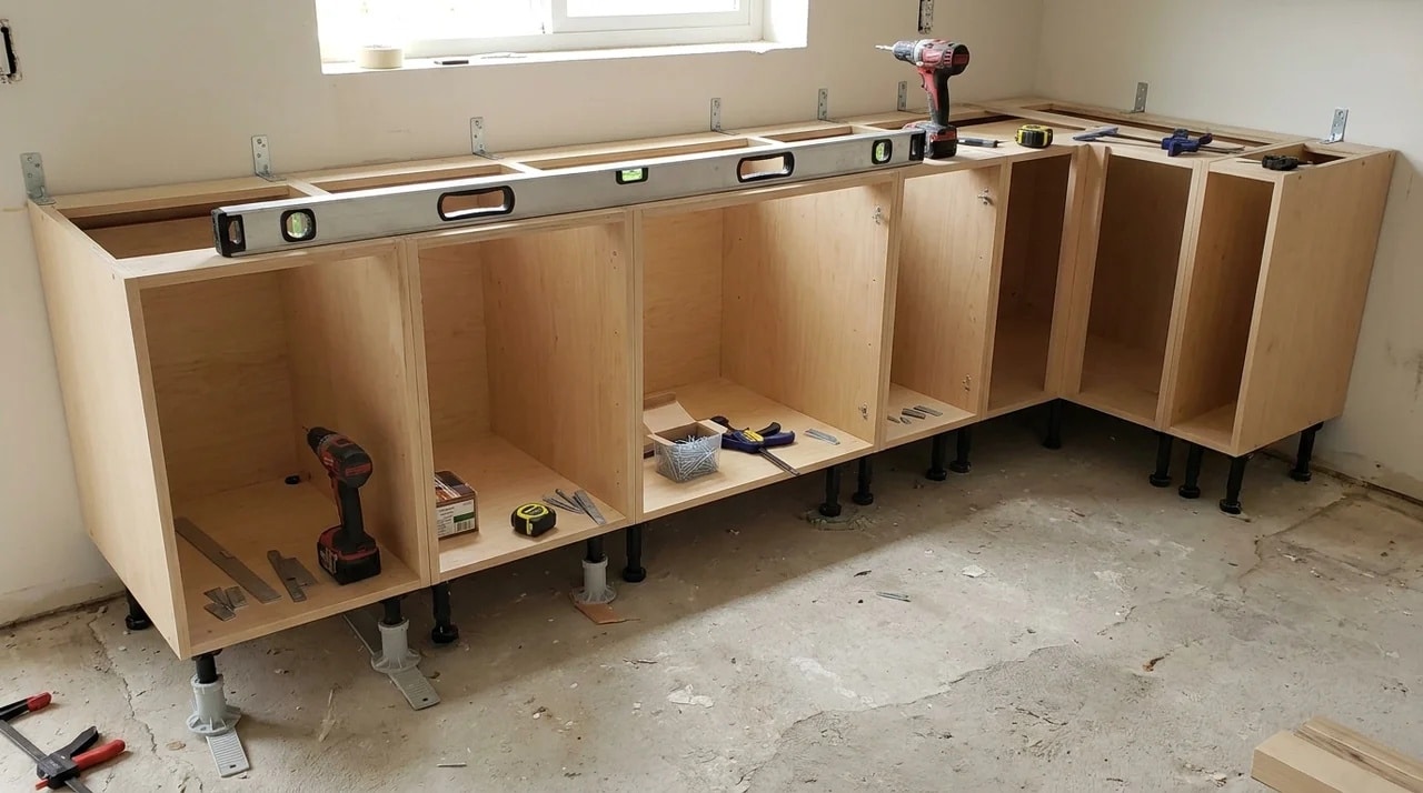 Base kitchen cabinets being leveled with a spirit level during installation using adjustable legs and tools.