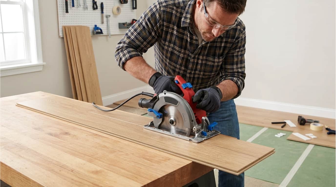 Using a circular saw to cut a laminate flooring plank on a workbench