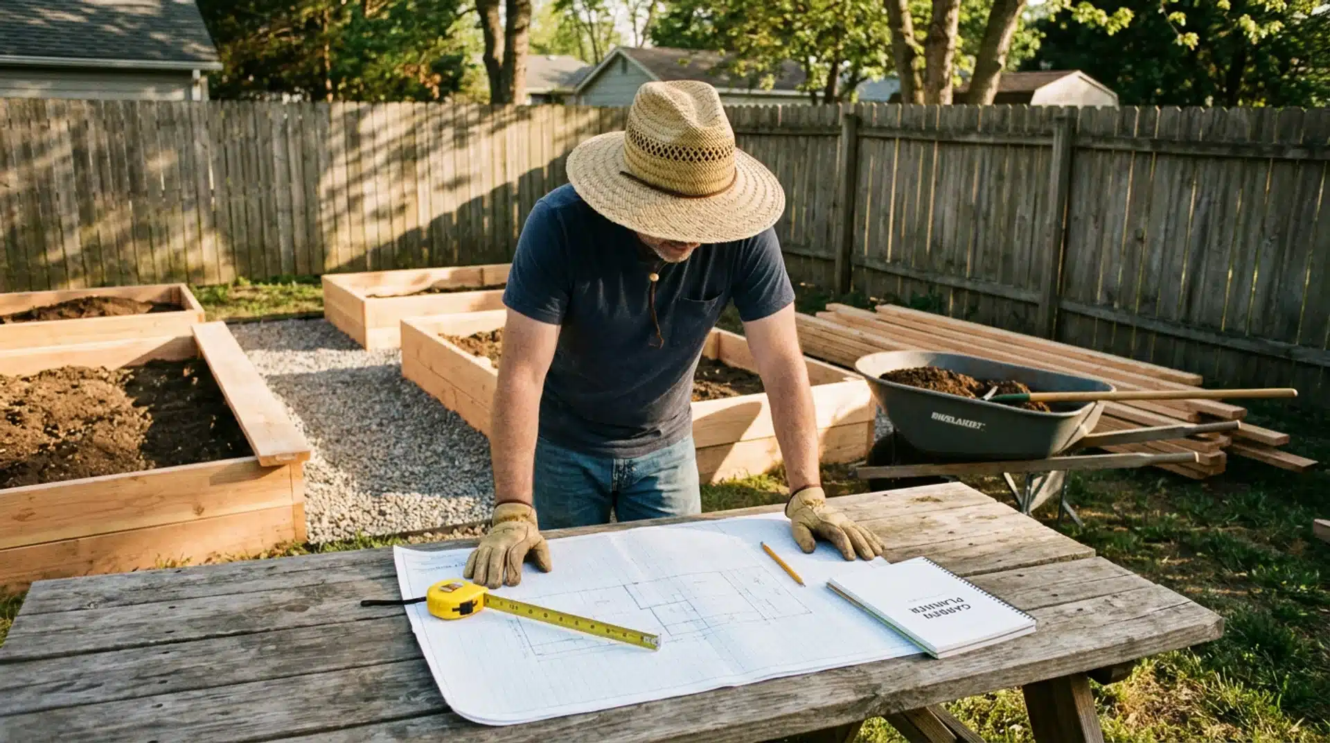 Gardener reviewing a layout plan with a tape measure and garden planner beside cedar raised beds under construction.