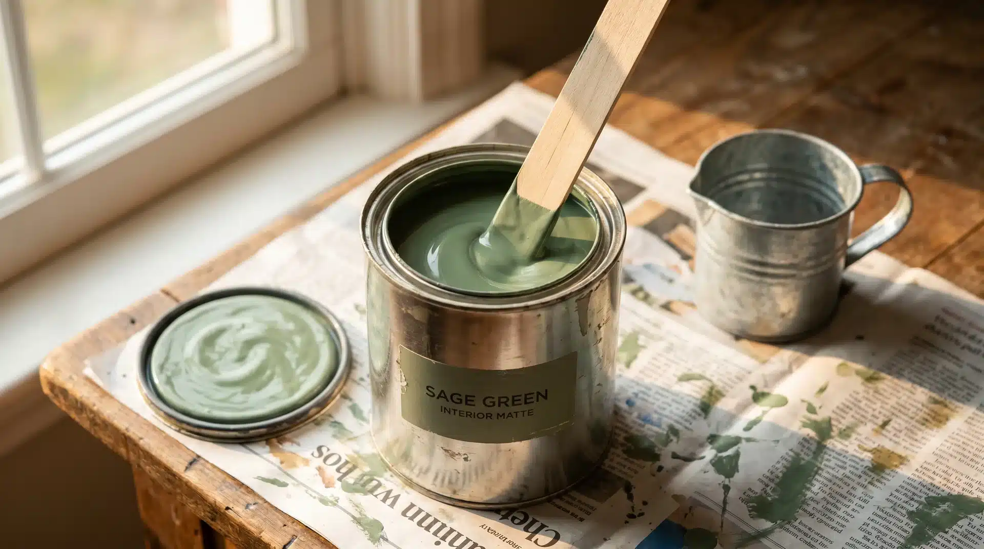 Open sage green paint tin being stirred with wooden stick on newspaper with pour bucket beside it.