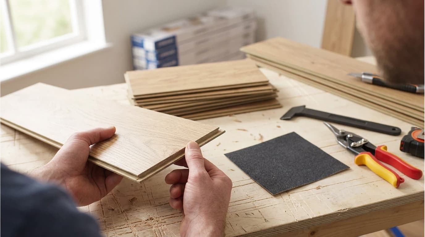 Inspecting the cut edge of a laminate flooring plank for chips and rough spots
