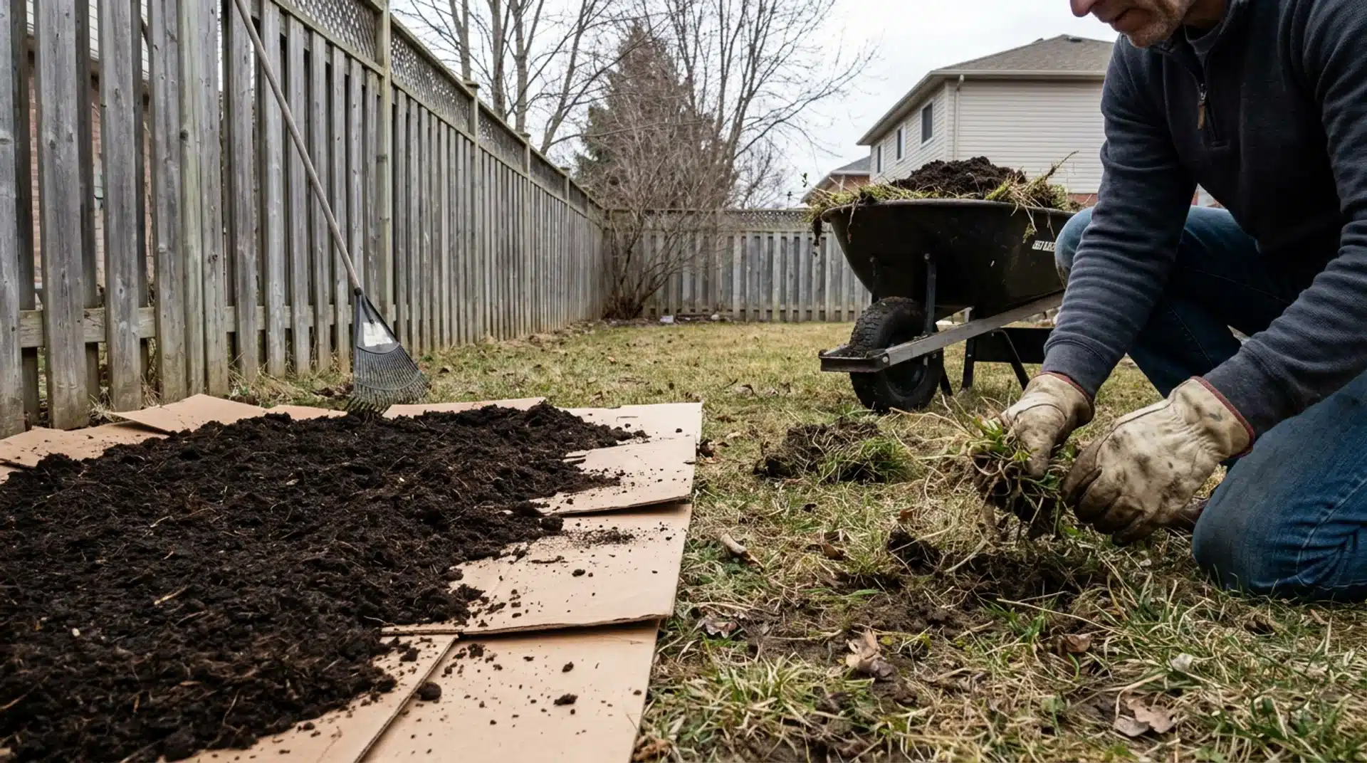 Gardener pulling weeds by hand using the cardboard smothering method to prep a vegetable garden bed.