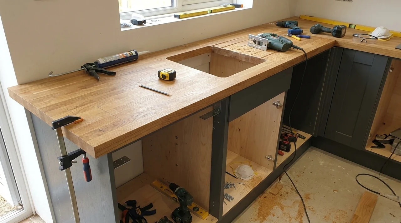 Worktop installation with measuring tools, jigsaw, sealant, and cabinet fixings during kitchen fitting.