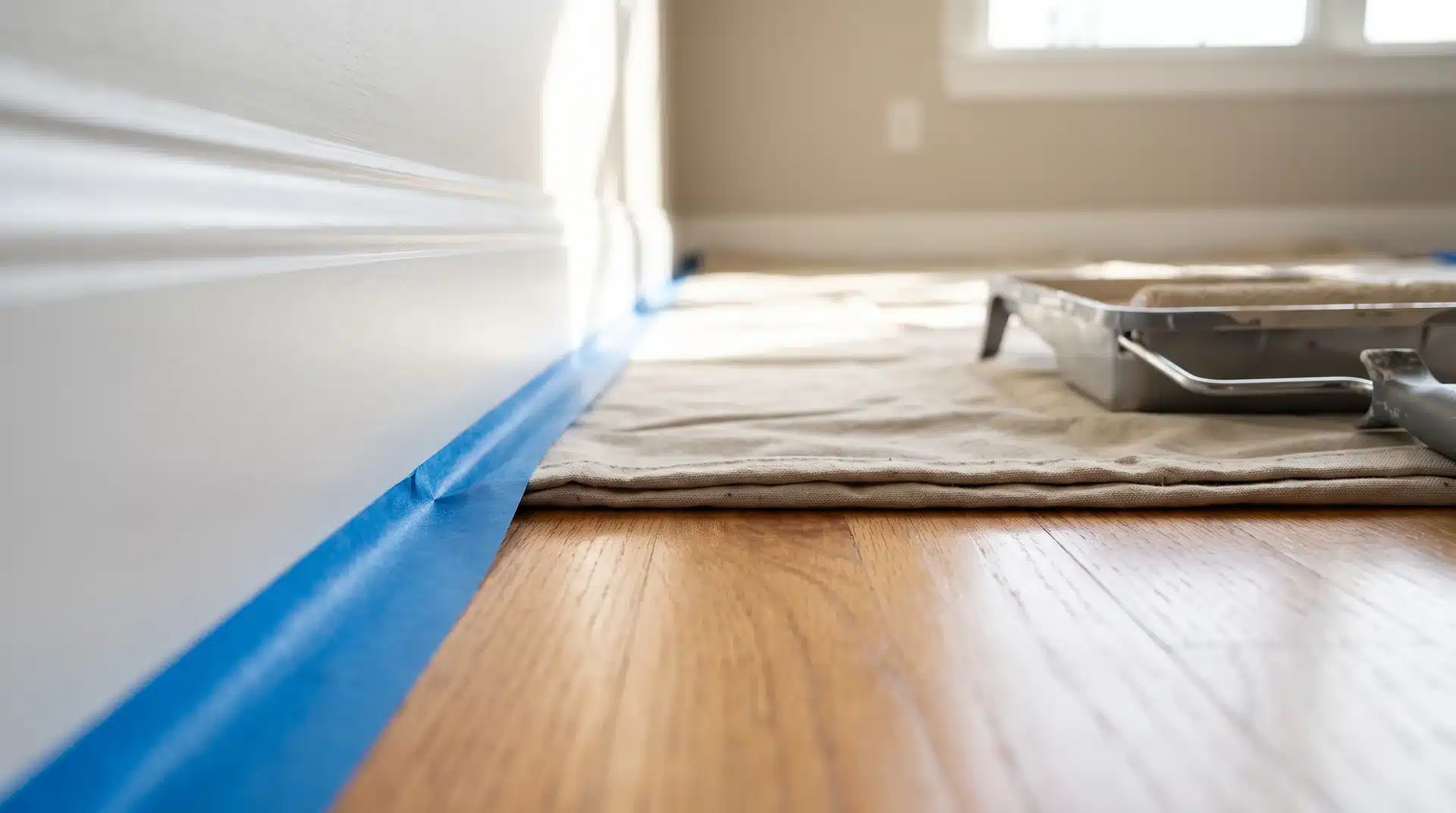 Blue painter's tape pressed along white baseboard with drop cloth and paint roller on hardwood floor behind.