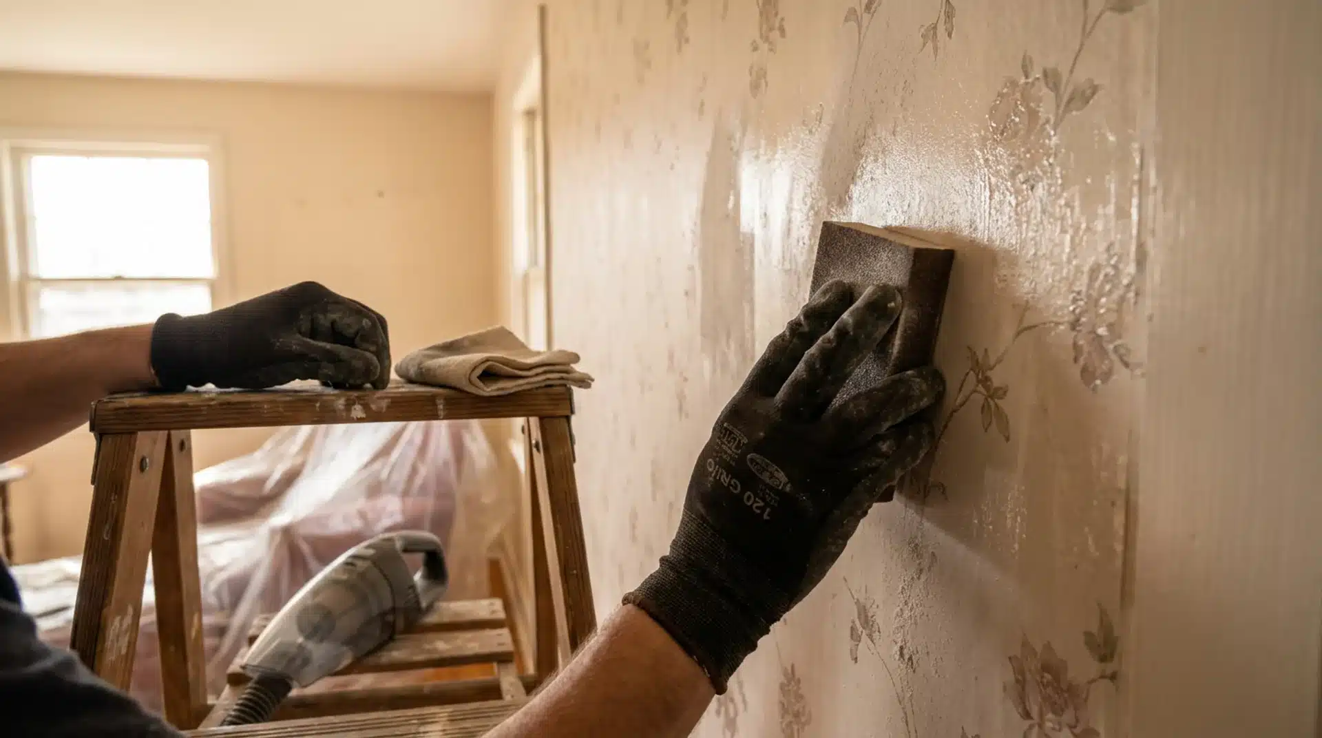 Gloved hand sanding glossy floral wallpaper with 120-grit sandpaper before painting over wallpaper.