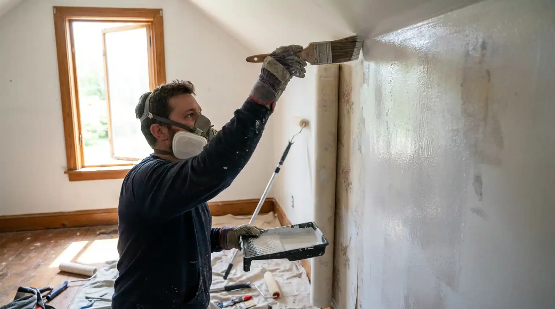 Masked painter applying oil-based primer over wallpaper with a brush and roller tray in a bedroom.