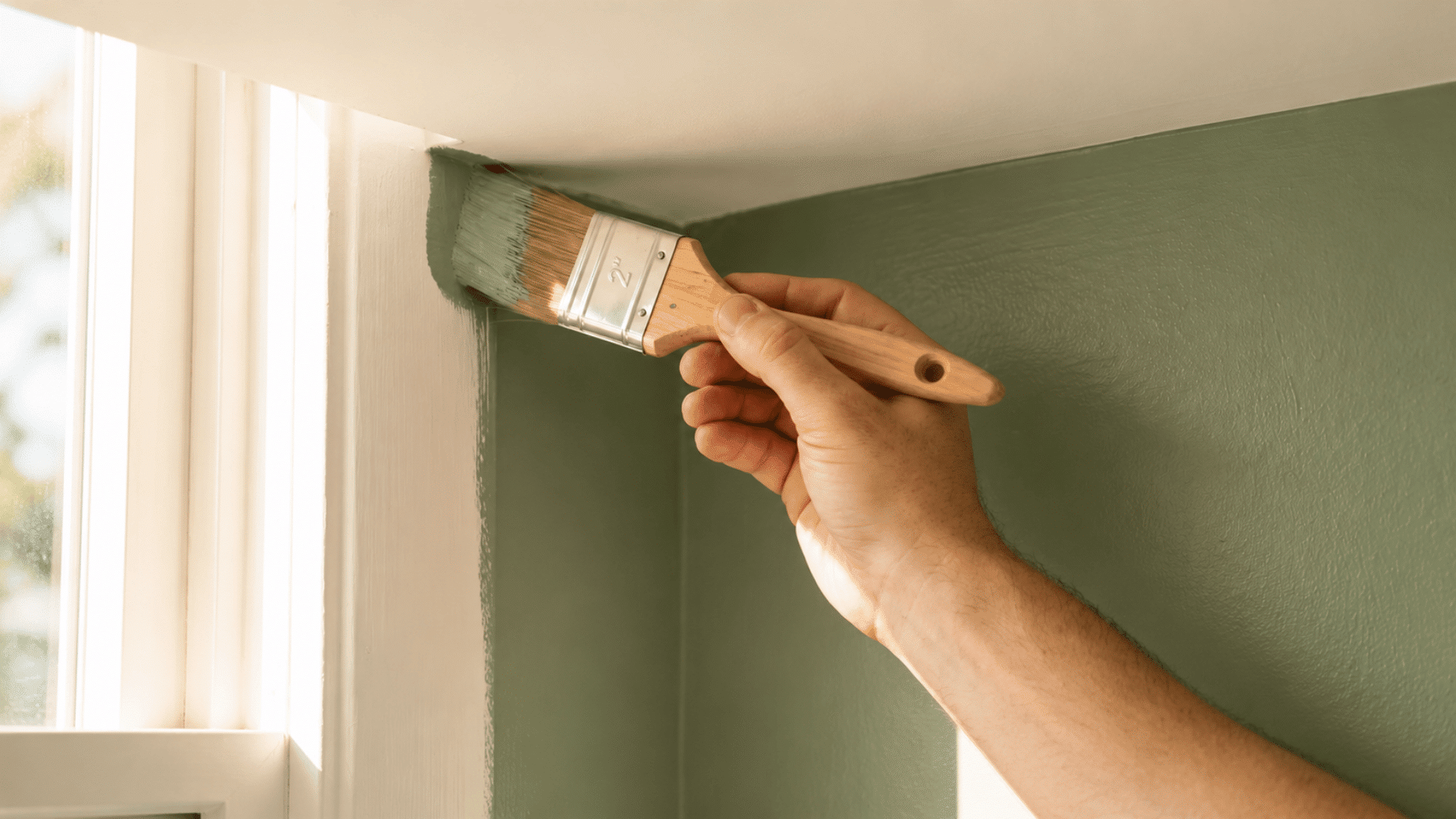 Angled brush cutting in sage green paint along ceiling line with clean precise stroke against white ceiling.