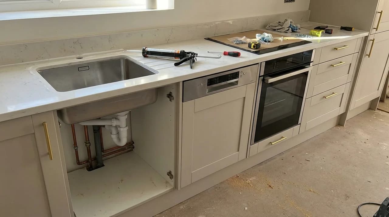 Kitchen finishing stage with sink installation, fitted appliances, cabinet doors, handles, and sealant work.