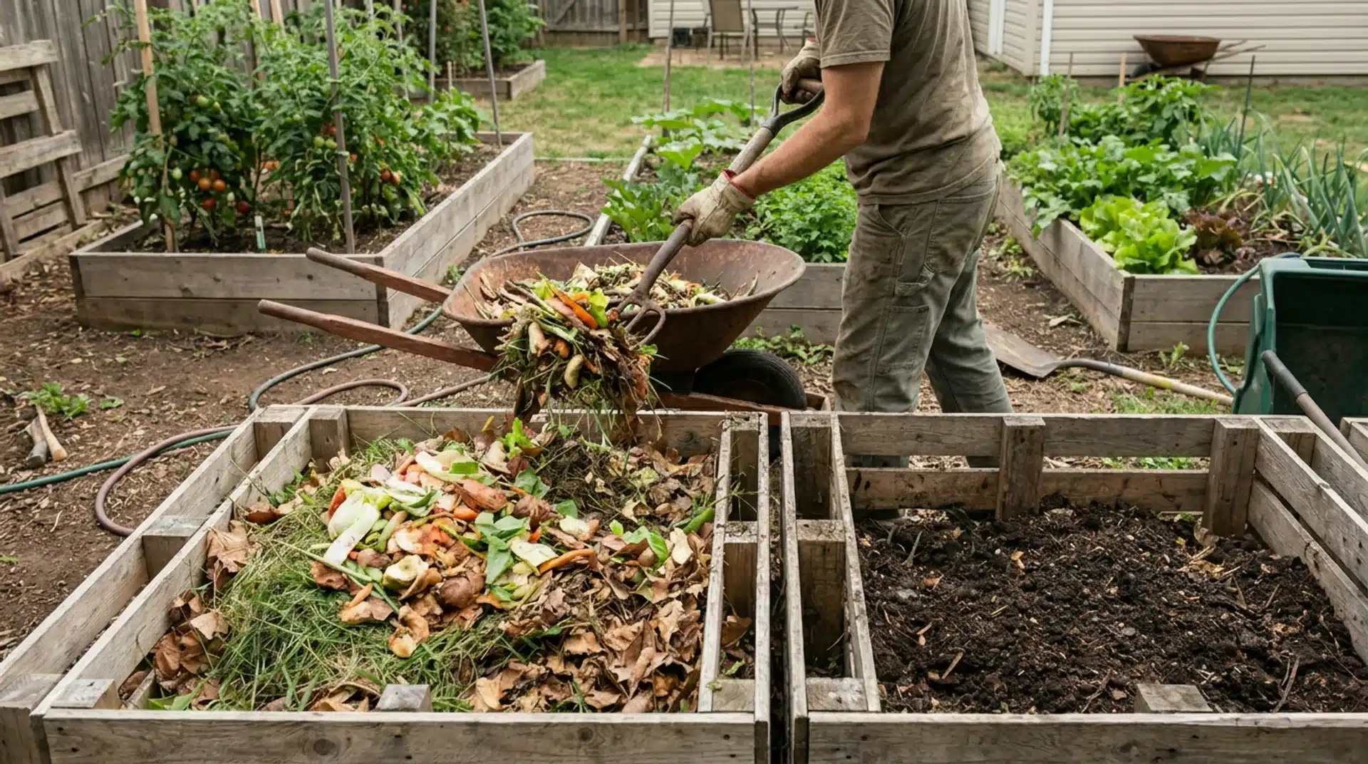 Gardener dumping kitchen scraps and yard waste into a two-bin compost system next to a vegetable garden.