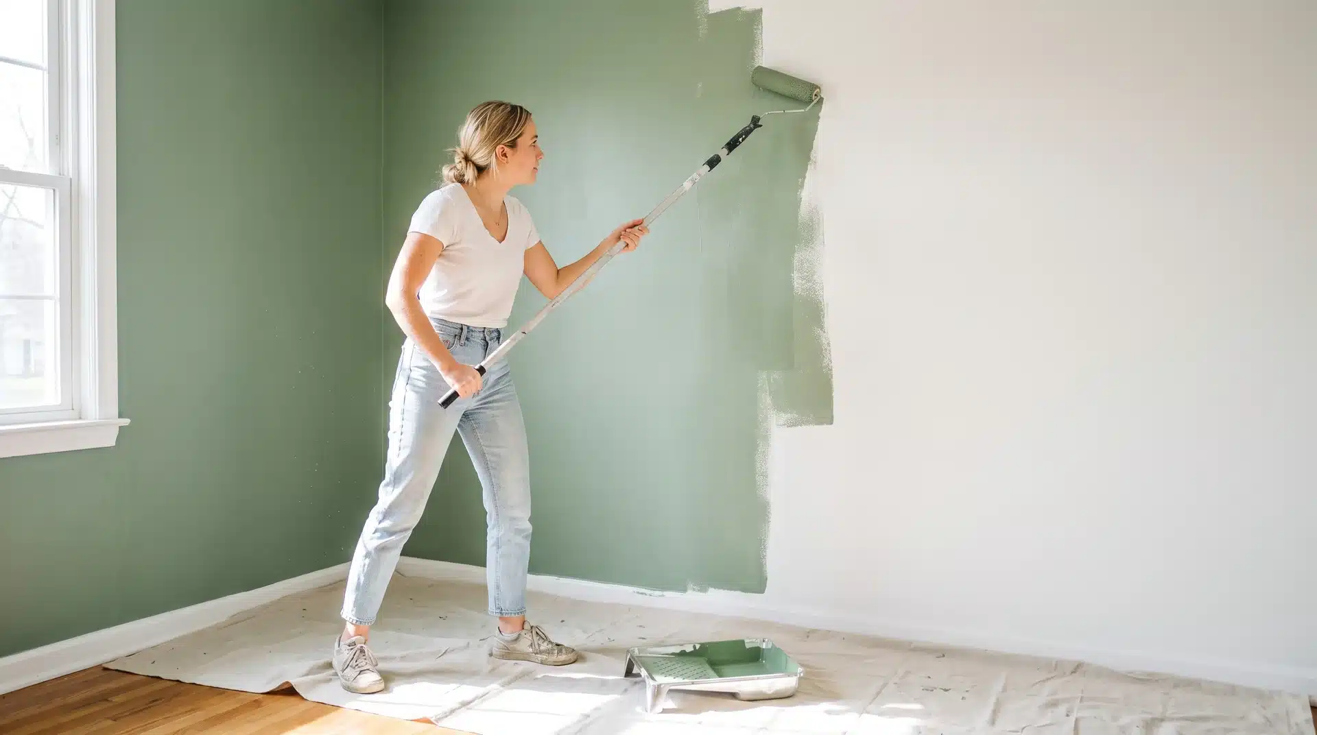 Rolling sage green paint onto large bedroom wall with roller on extension pole.