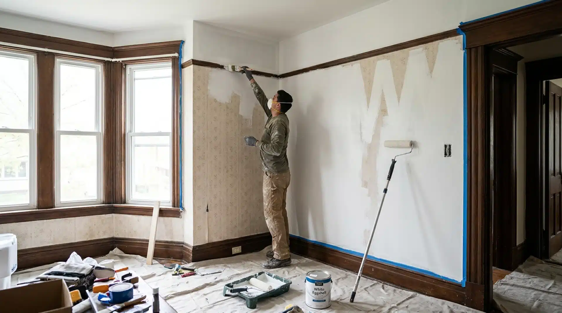 Painter cutting in white eggshell latex paint over wallpaper with a roller and brush in a taped room.