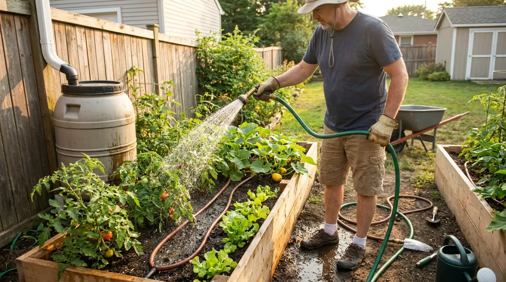 Gardener watering raised vegetable garden beds with a hose next to a rain barrel water collection system.