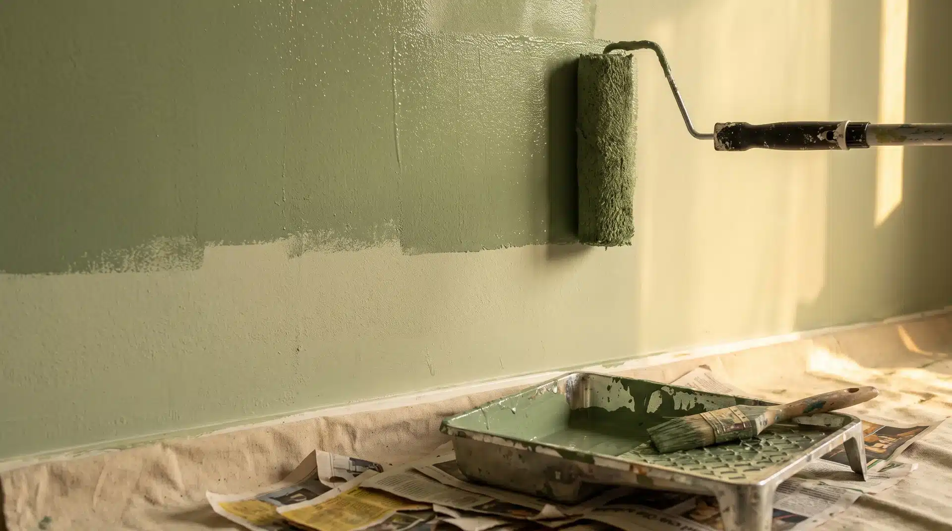 Paint roller applying second coat of sage green paint showing deeper coverage above dried first coat.