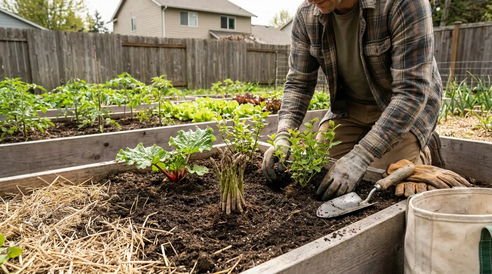 Gardener planting asparagus and rhubarb crowns in a raised bed as first perennial crops in a vegetable garden.
