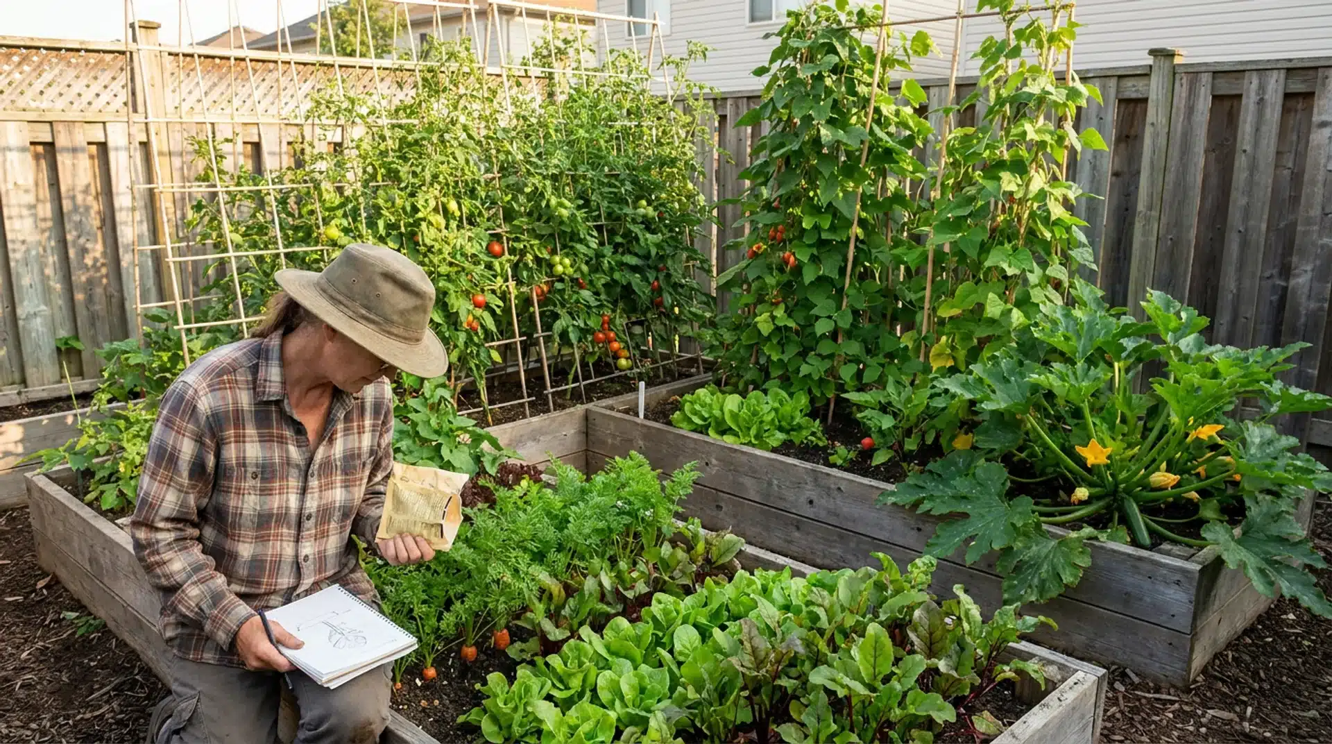 Gardener reviewing seed packets beside raised beds growing tomatoes, zucchini, carrots, and salad greens.