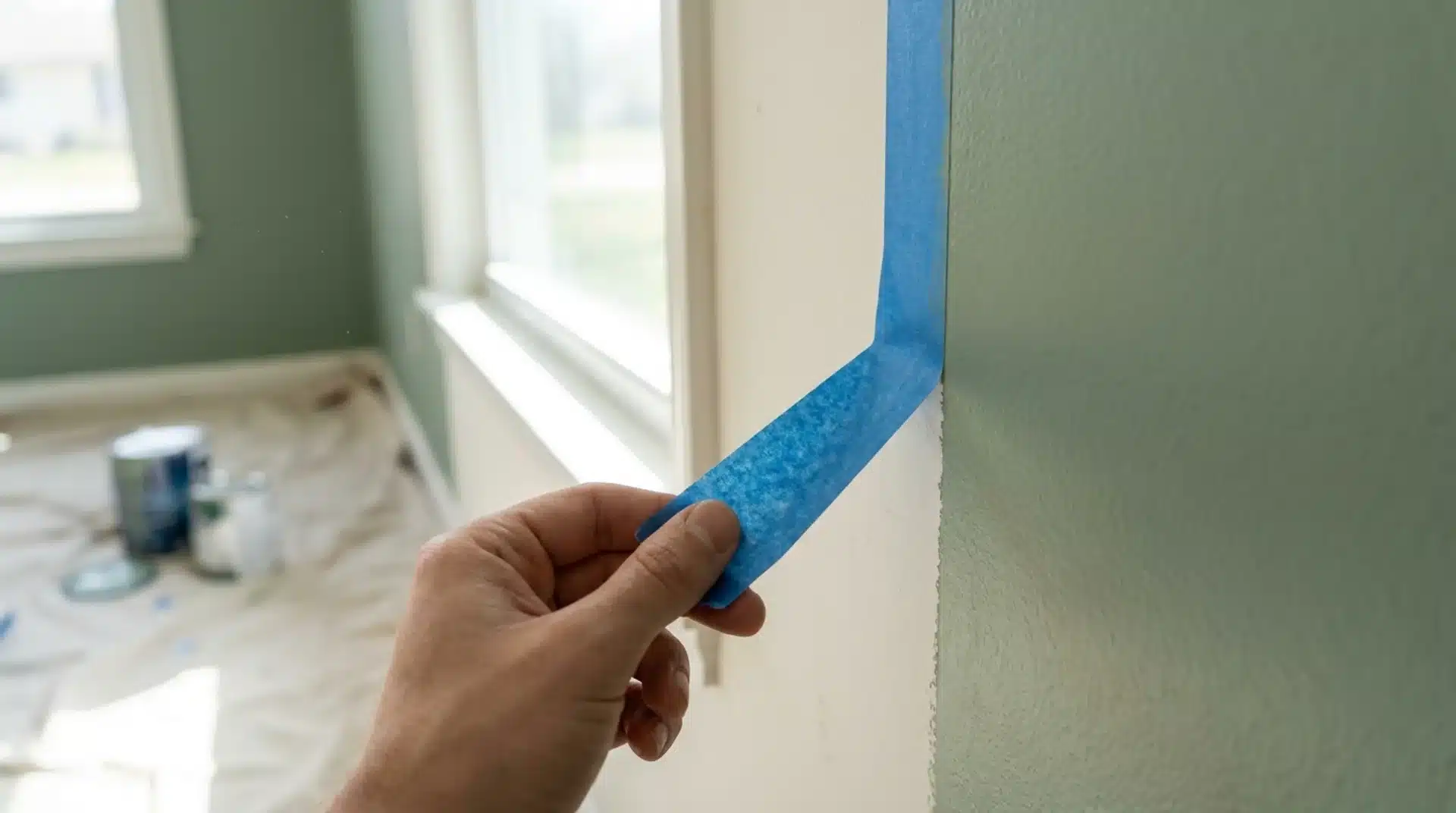Peeling painter’s tape to reveal clean sharp paint line along wall edge.