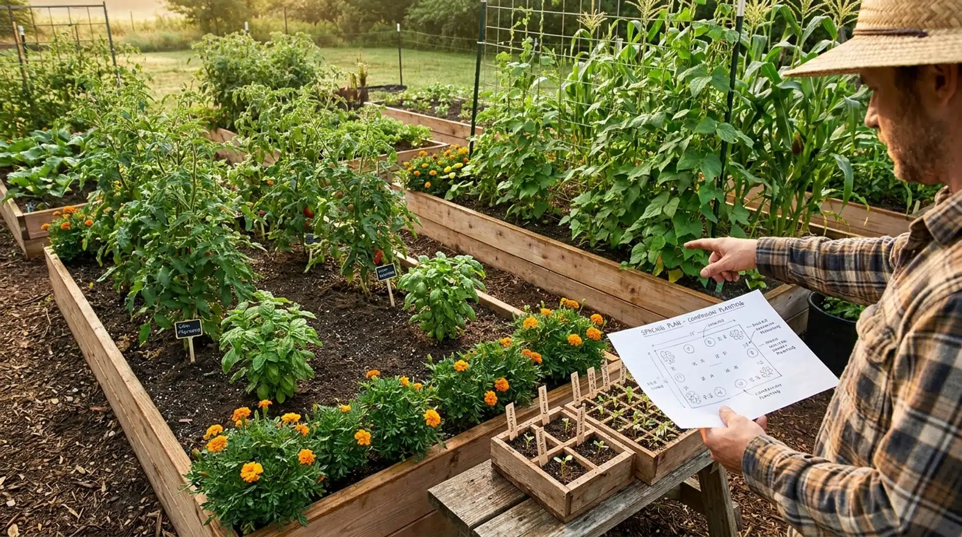 Gardener holding a companion planting spacing plan beside raised beds with tomatoes, basil, and marigolds.