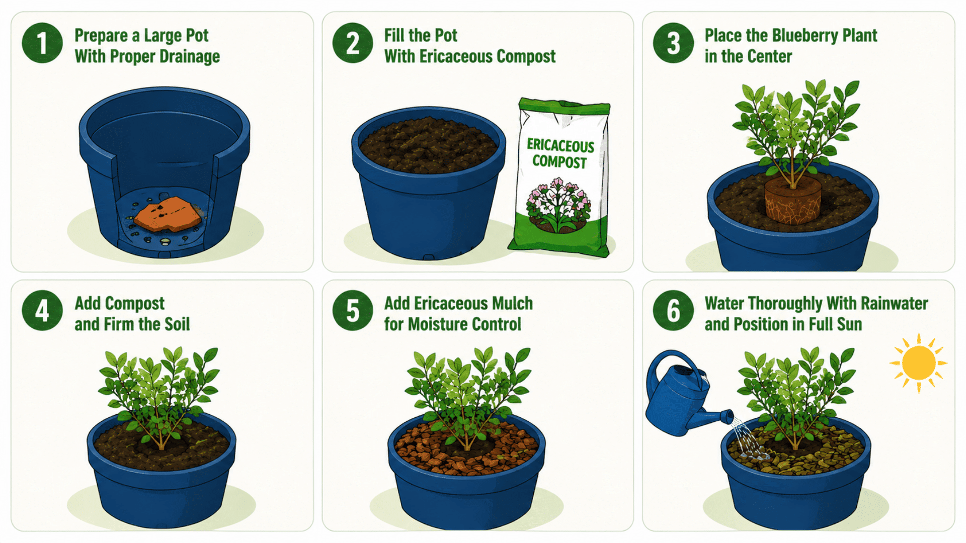 Six-panel vector infographic showing six steps to plant blueberries in a pot, from preparing the pot to watering in full sun.