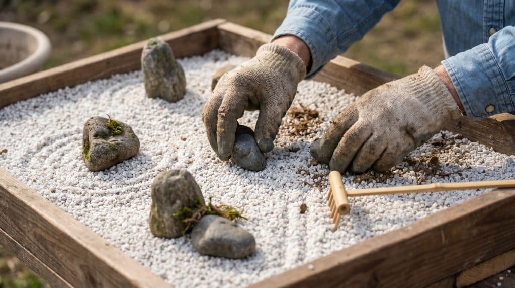Hands placing rocks in a miniature Japanese rock garden with gravel and a small rake for creating patterns