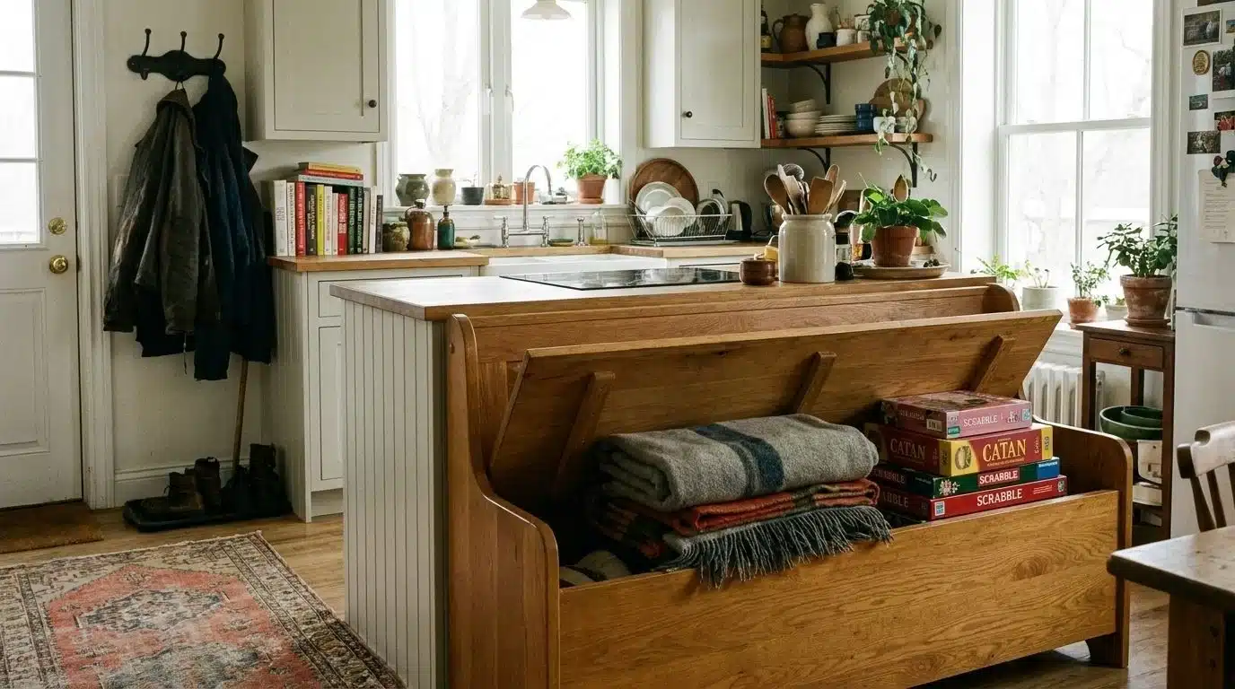 Kitchen island storage bench with hinged seat