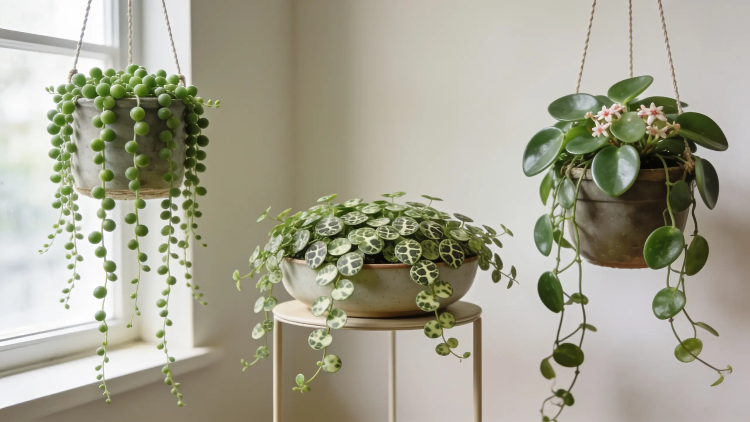 Three trailing indoor plants displayed side by side: bead-like succulent pearls, turtle-pattern leaves, and waxy green hoya vines.