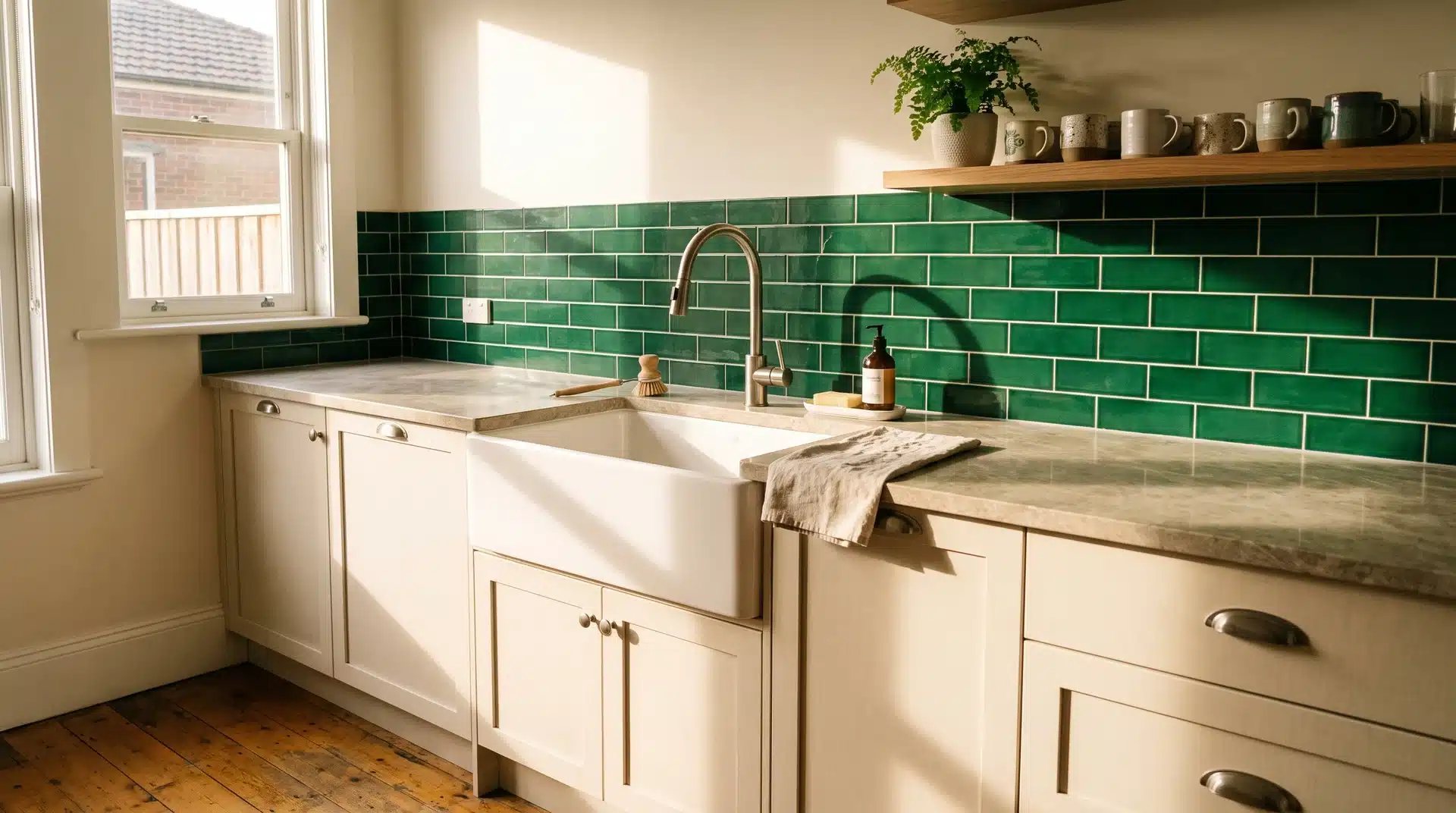Emerald subway tile splashback behind farmhouse sink with cream cabinets and floating wood shelf