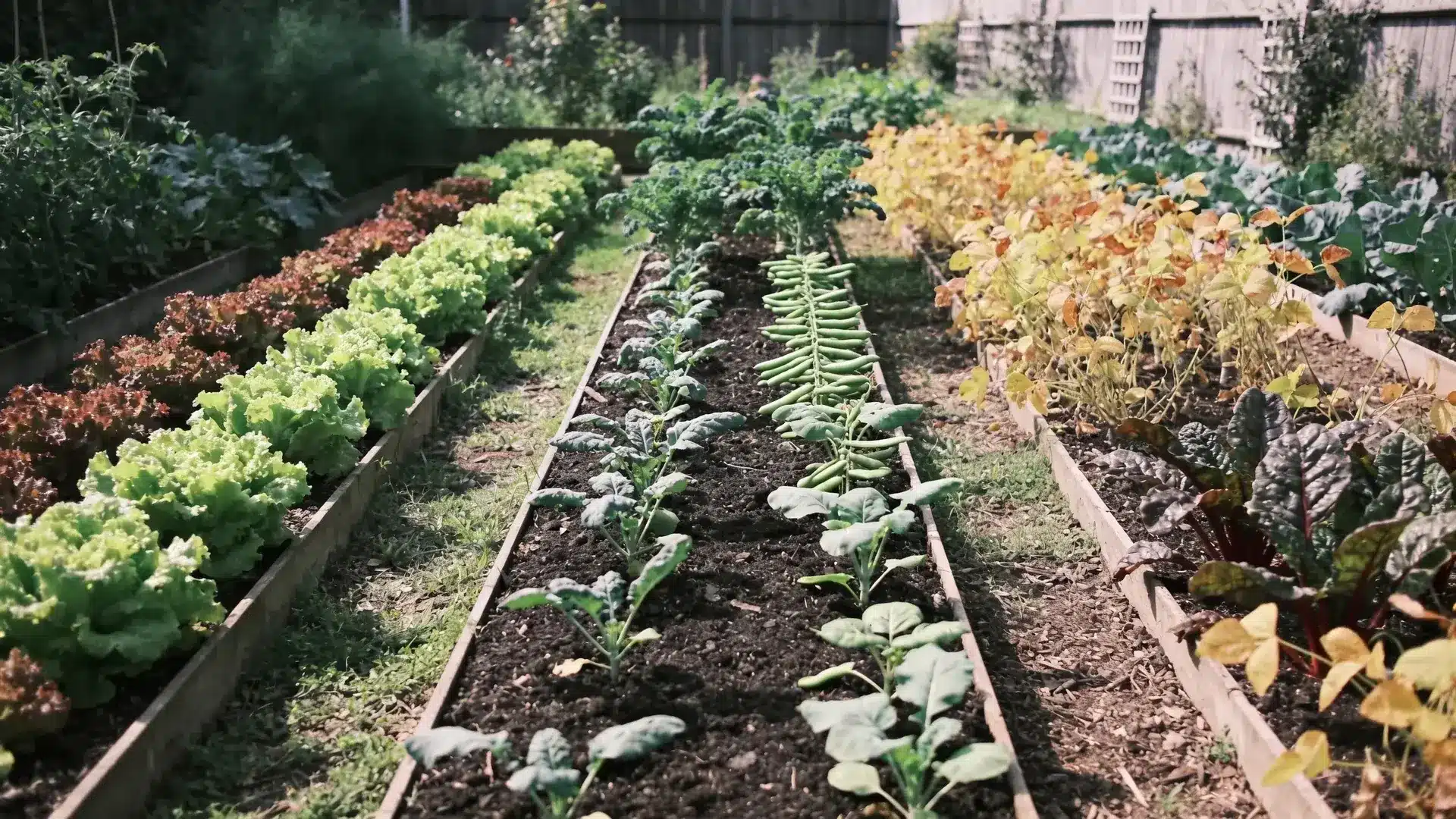 Vegetable beds showing crops at different growth stages in one garden