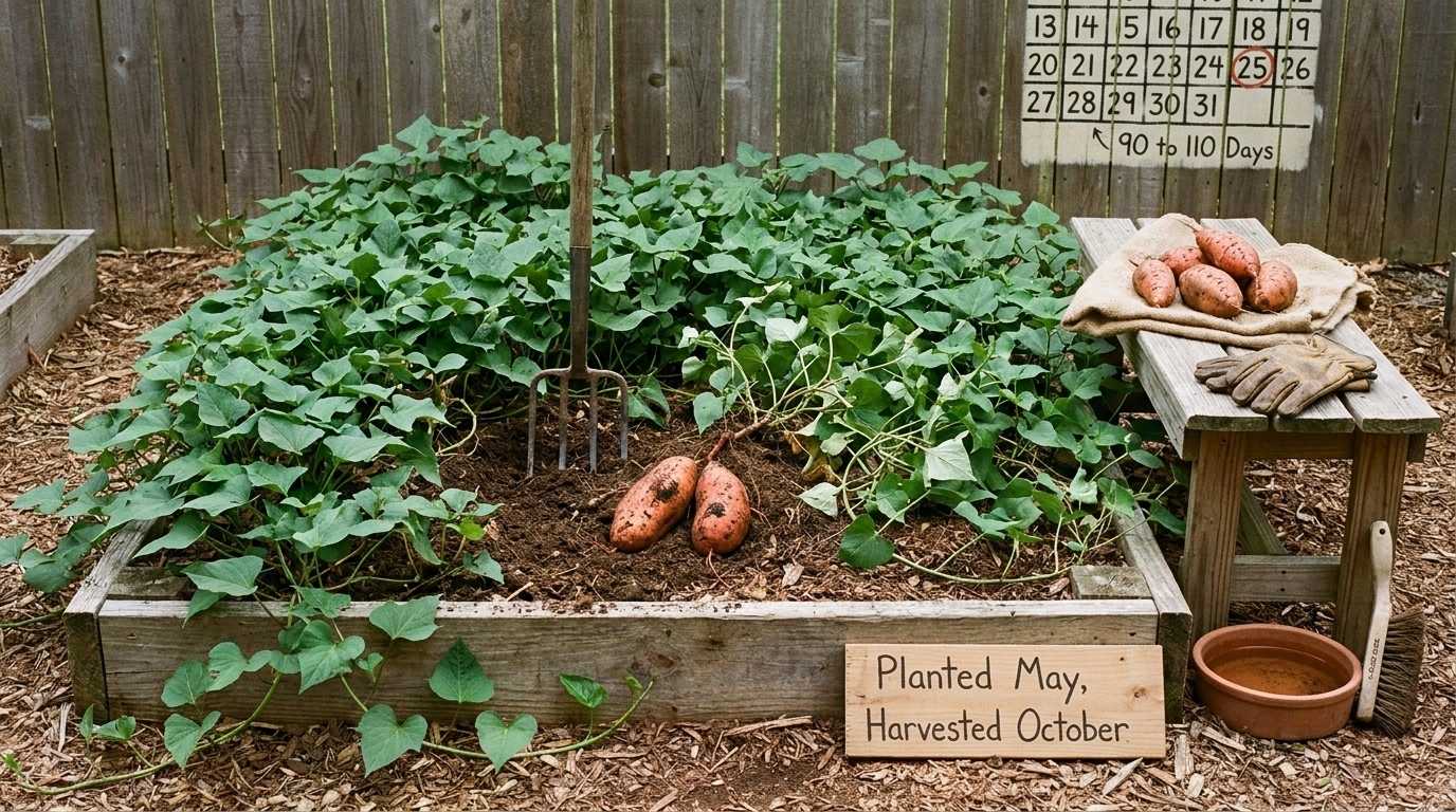 Sprawling sweet potato vines covering a large garden bed with freshly dug orange sweet potatoes resting on the soil beside a burlap sack on a garden bench.
