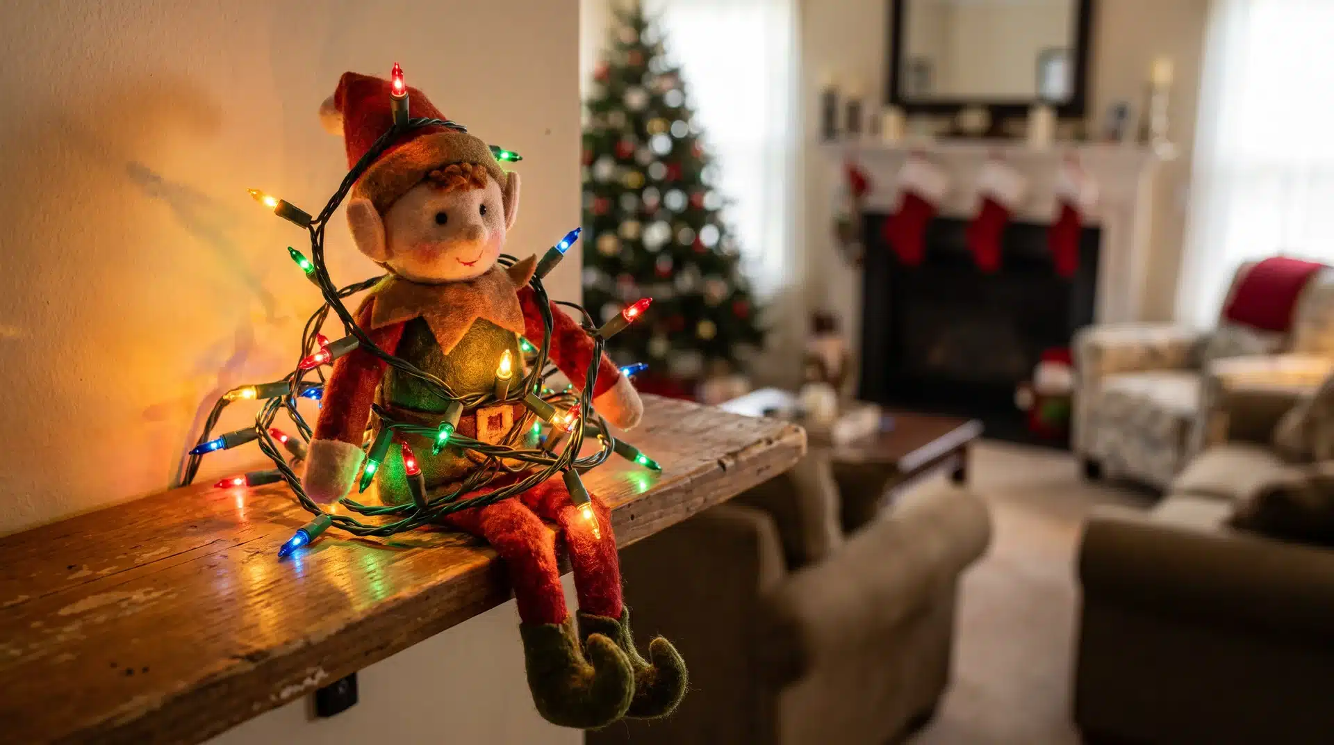 Elf on the shelf wrapped in a strand of colorful Christmas lights on a living room shelf.
