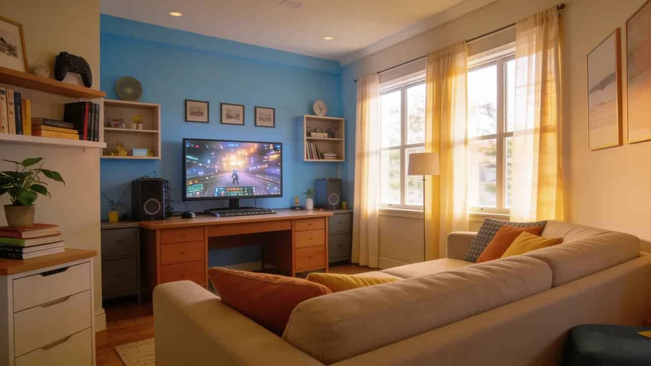 Teen hangout room addition with gaming and study areas.