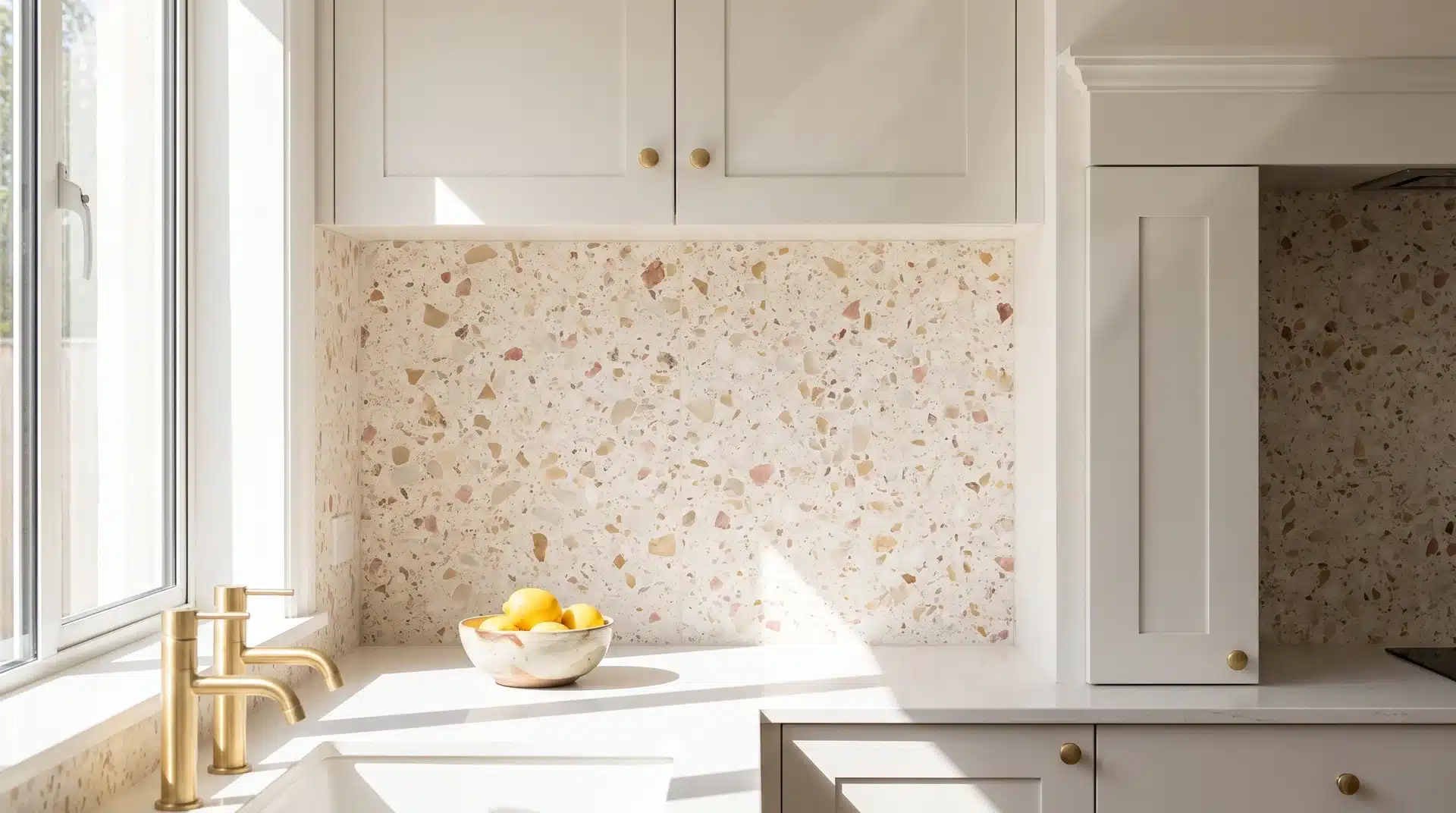 Cream and blush terrazzo tile splashback behind white cabinetry with brushed gold taps and a bowl of lemons.