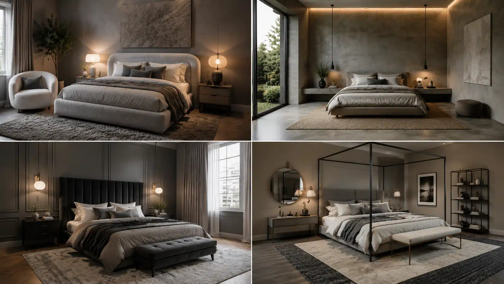 luxurious grey bedrooms featuring bouclé textures, stone finishes, velvet headboards, mixed metals, and layered rugs.