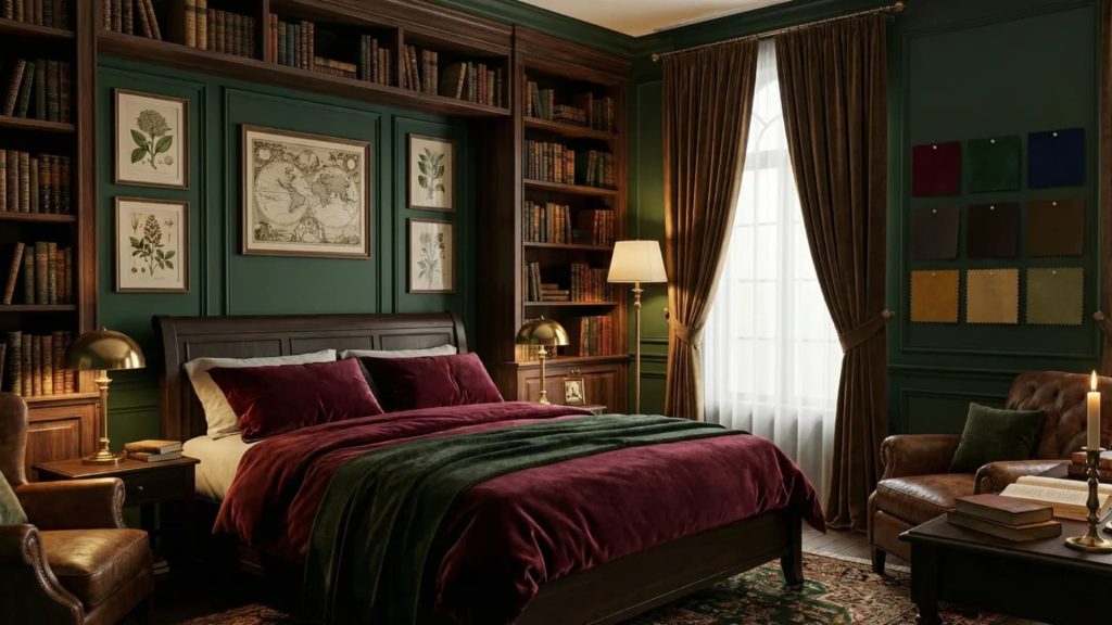 Dark academia bedroom with forest green paneled walls, built-in bookshelves, burgundy velvet bedding, warm brass lamps, brown curtains, a leather armchair, and a color palette grid displayed on the right wall.