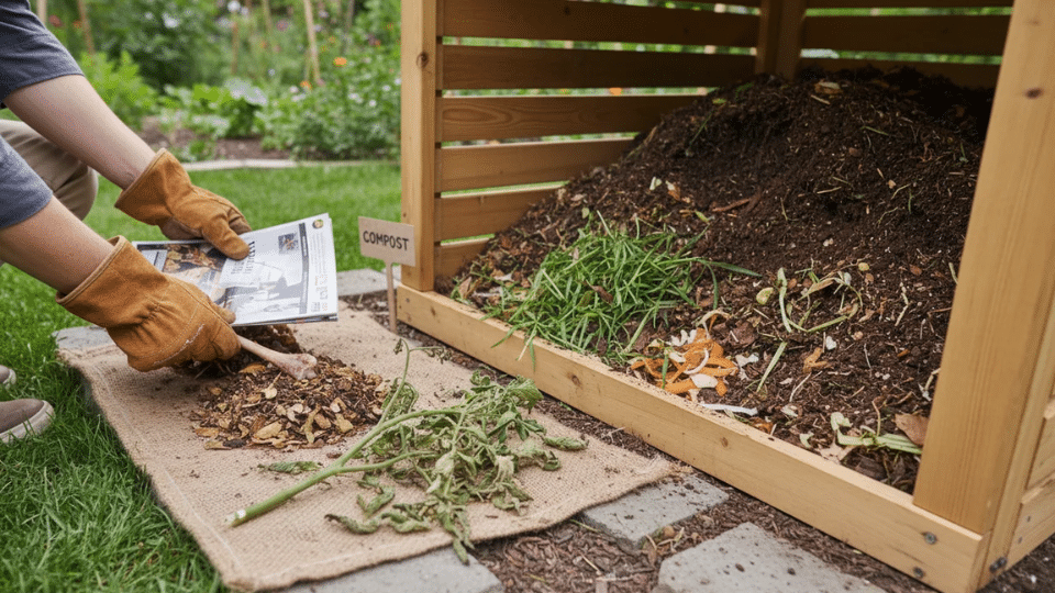 Hands sorting organic kitchen waste like leaves and vegetable scraps into a wooden compost bin in a backyard garden.