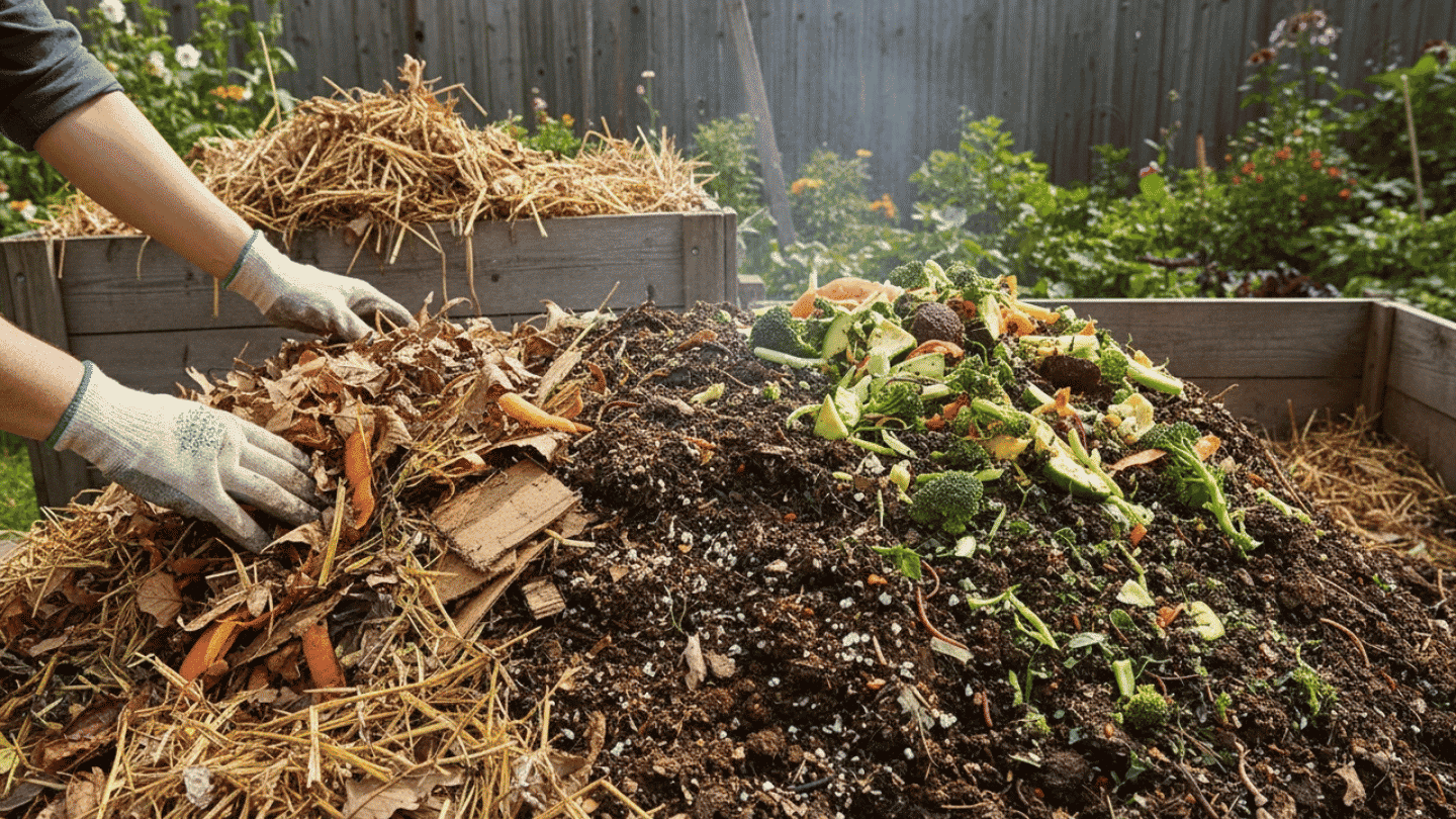 Hands turning and mixing organic compost pile with garden gloves in a backyard compost bin containing leaves, food scraps, and wood chips.