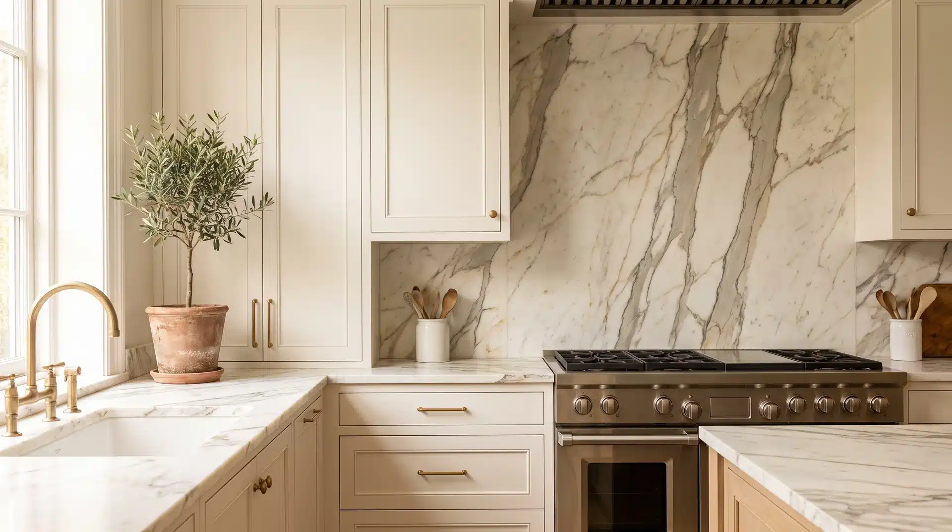 Calacatta marble veneer splashback with dramatic gray veining behind white cabinetry and a matching marble countertop.