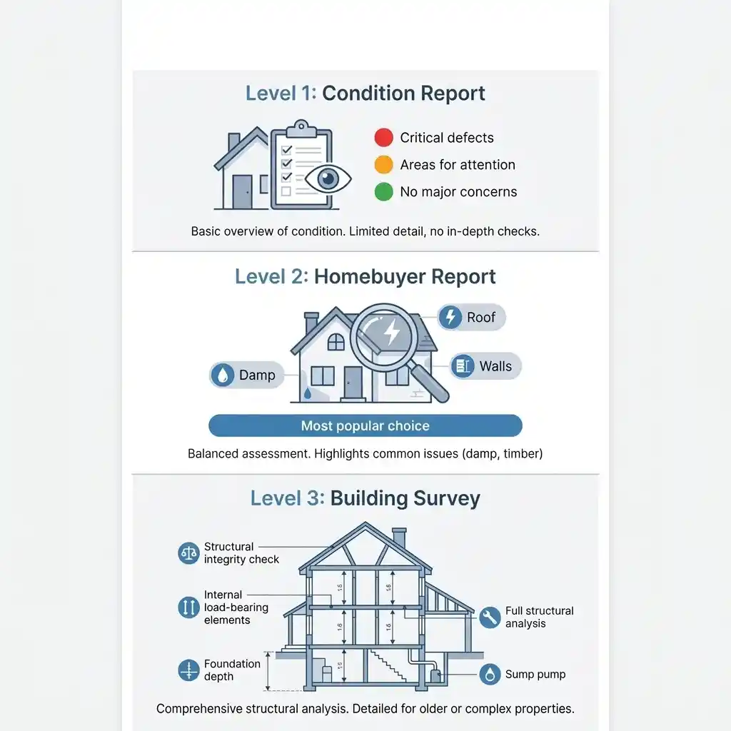 Three-level property survey comparison showing Level 1, Level 2, and Level 3 inspection differences visually.