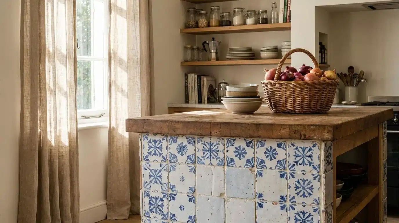 Kitchen island base clad in patterned tile.