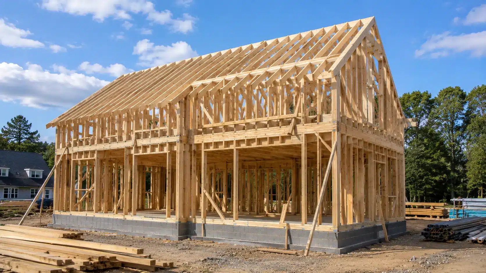 Partially completed timber-framed house built with C16 timber, showing exposed wall studs and roof trusses on a construction site.