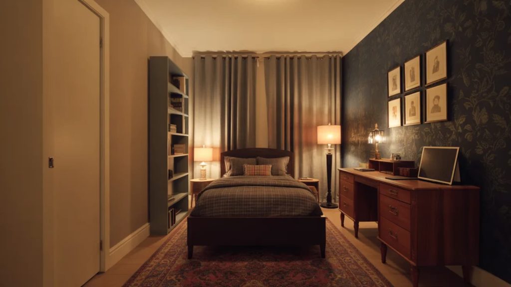 Small rental-friendly dark academia bedroom with one dark floral accent wall, plaid bedding, tall bookshelf, warm table and floor lamps, framed vintage prints, and a patterned area rug.