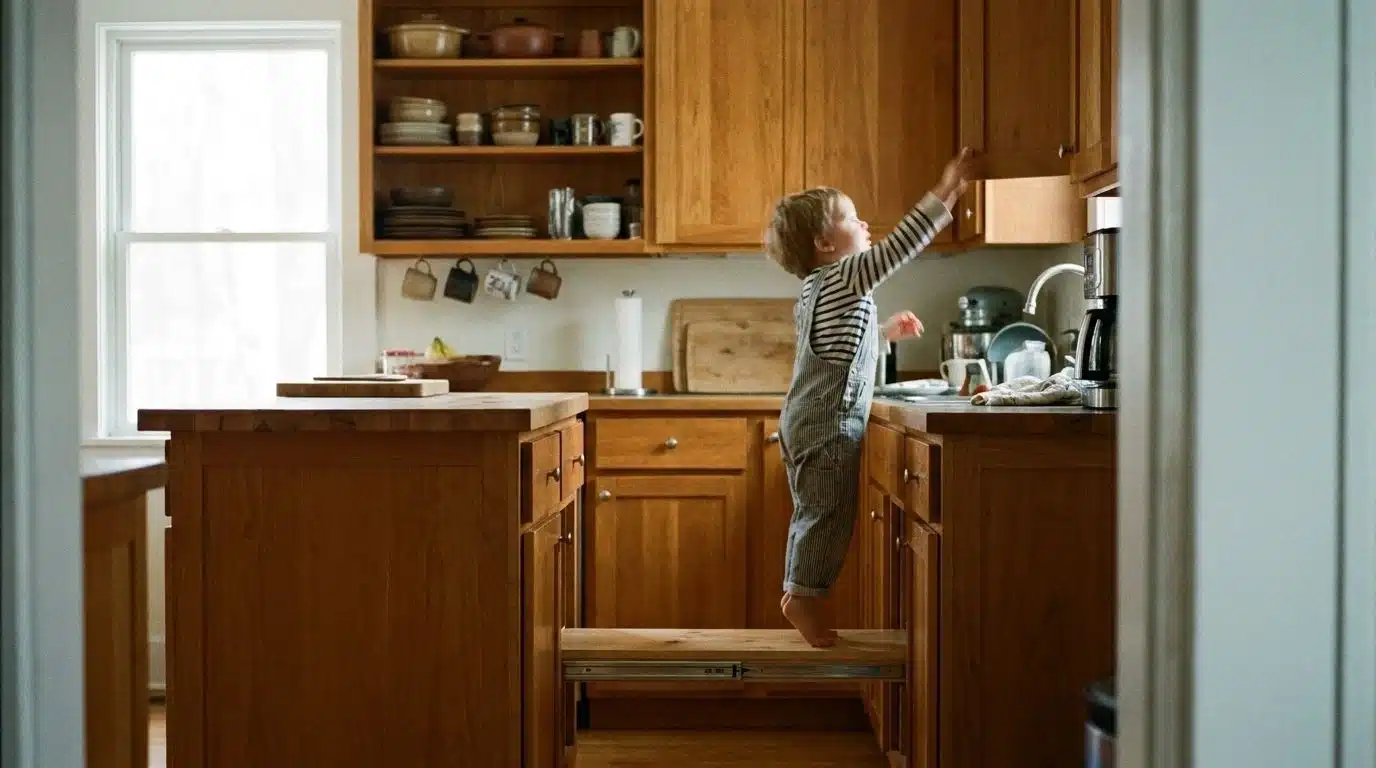 Kitchen island toe-kick pull-out step stool.