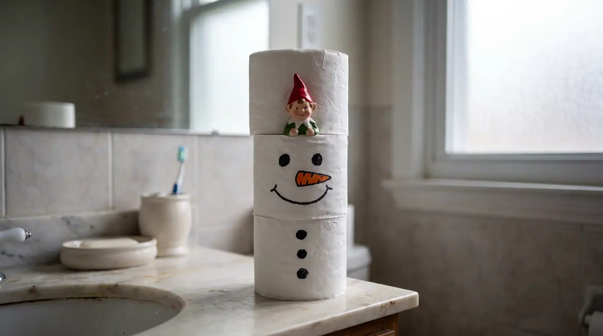 Elf on the shelf peeking out from toilet paper rolls stacked as a bathroom snowman.