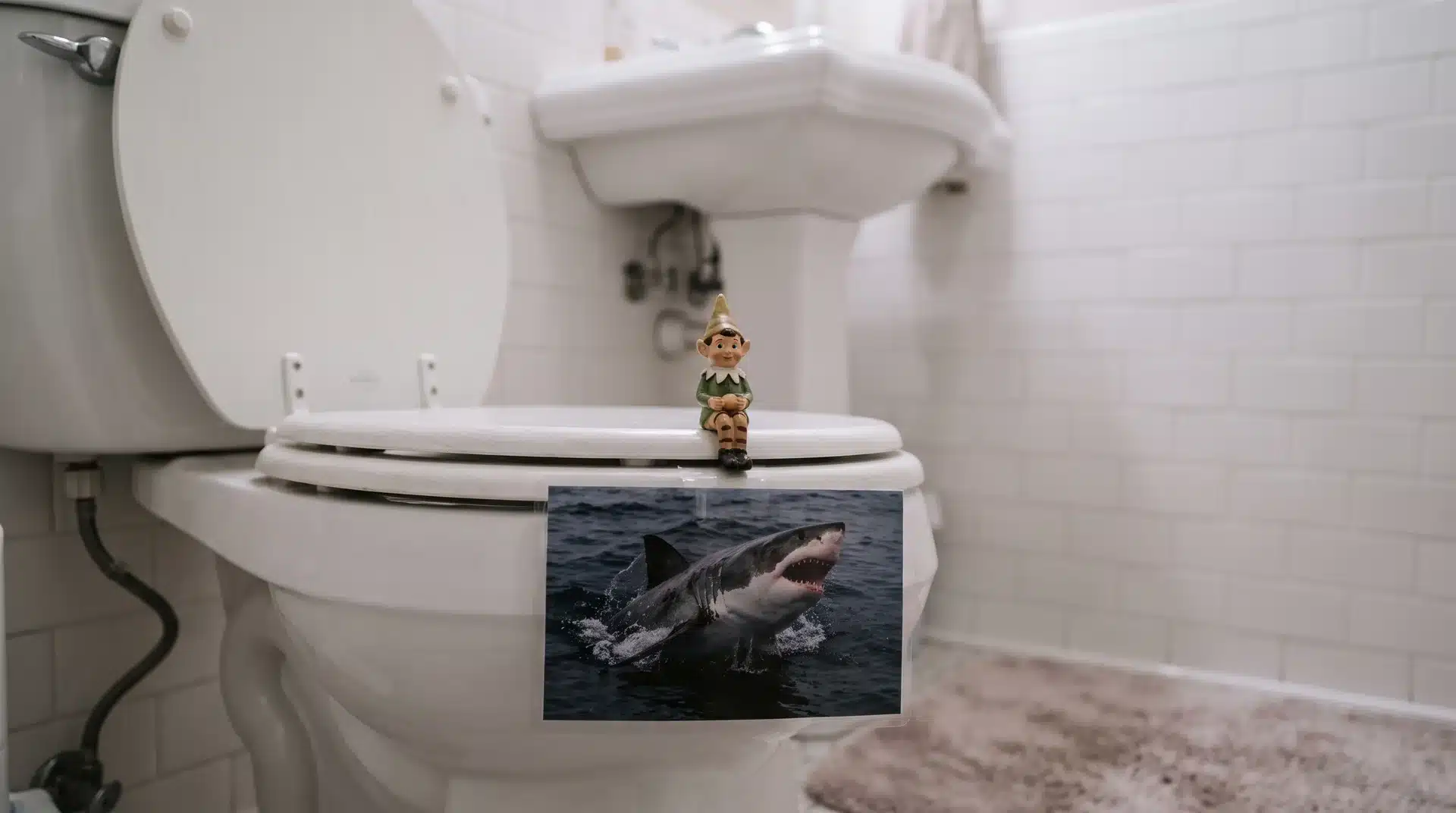 Elf on the shelf on a toilet seat with a shark image rising from the open bowl beneath.