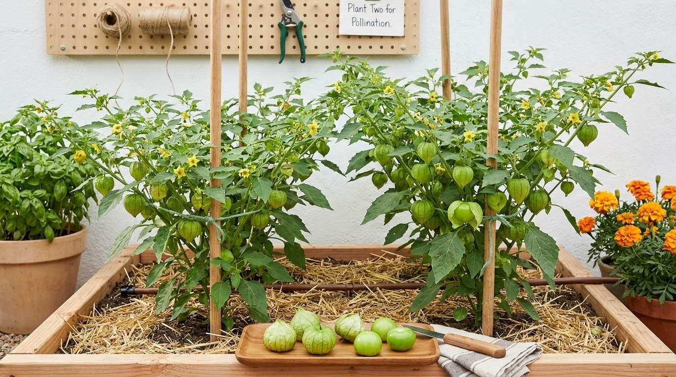 Two bushy tomatillo plants with papery husks and yellow flowers growing side by side in a garden bed with harvested tomatillos on a wooden tray in front.