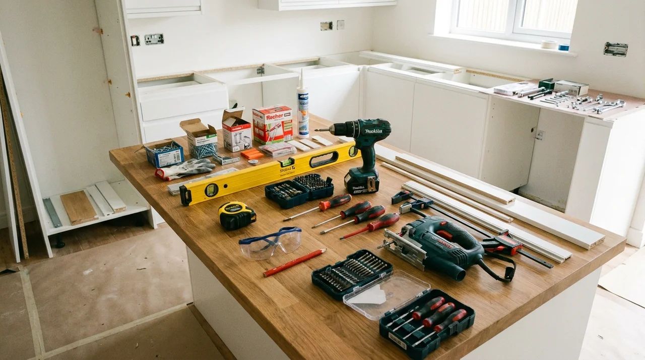 Kitchen fitting tools and materials including drill, spirit level, screws, brackets, sealant, and cabinet accessories.
