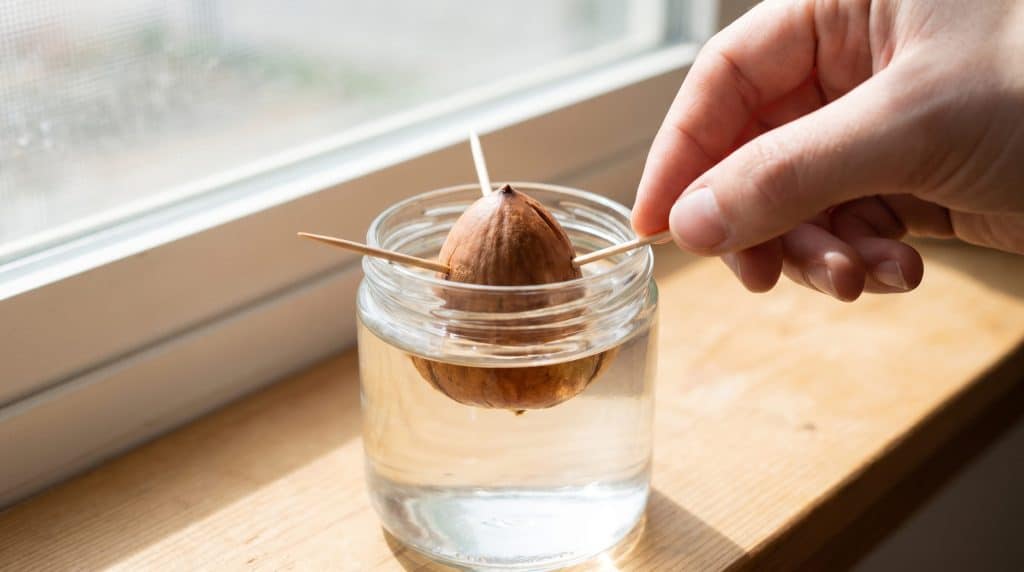 A hand holding an avocado seed, suspended above water in a jar using toothpicks to help it sprout.