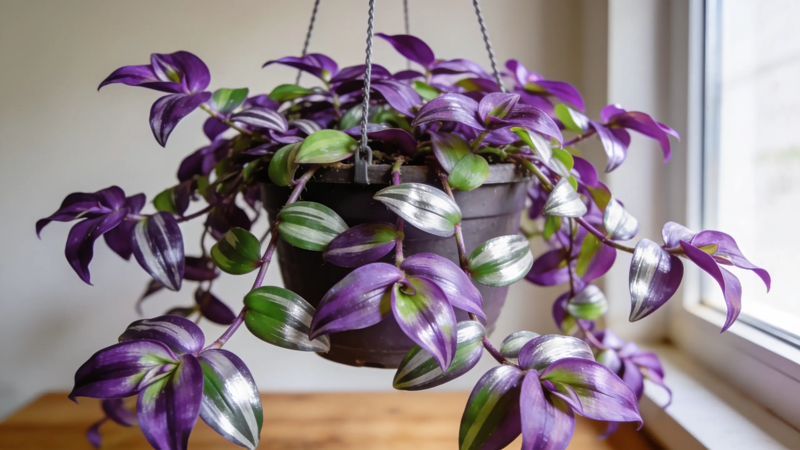 Tradescantia plant with trailing purple and green variegated leaves in an indoor hanging pot.