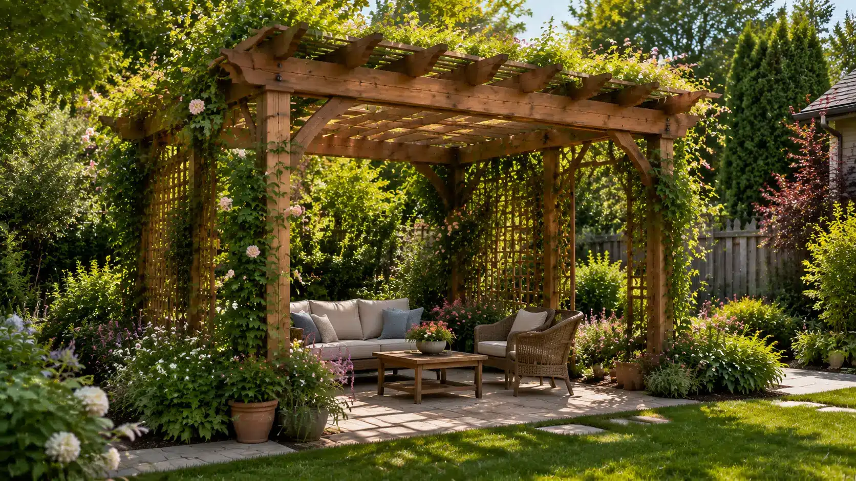 Traditional wooden pergola surrounded by garden plants, featuring a natural design that adds charm to a classic outdoor space.